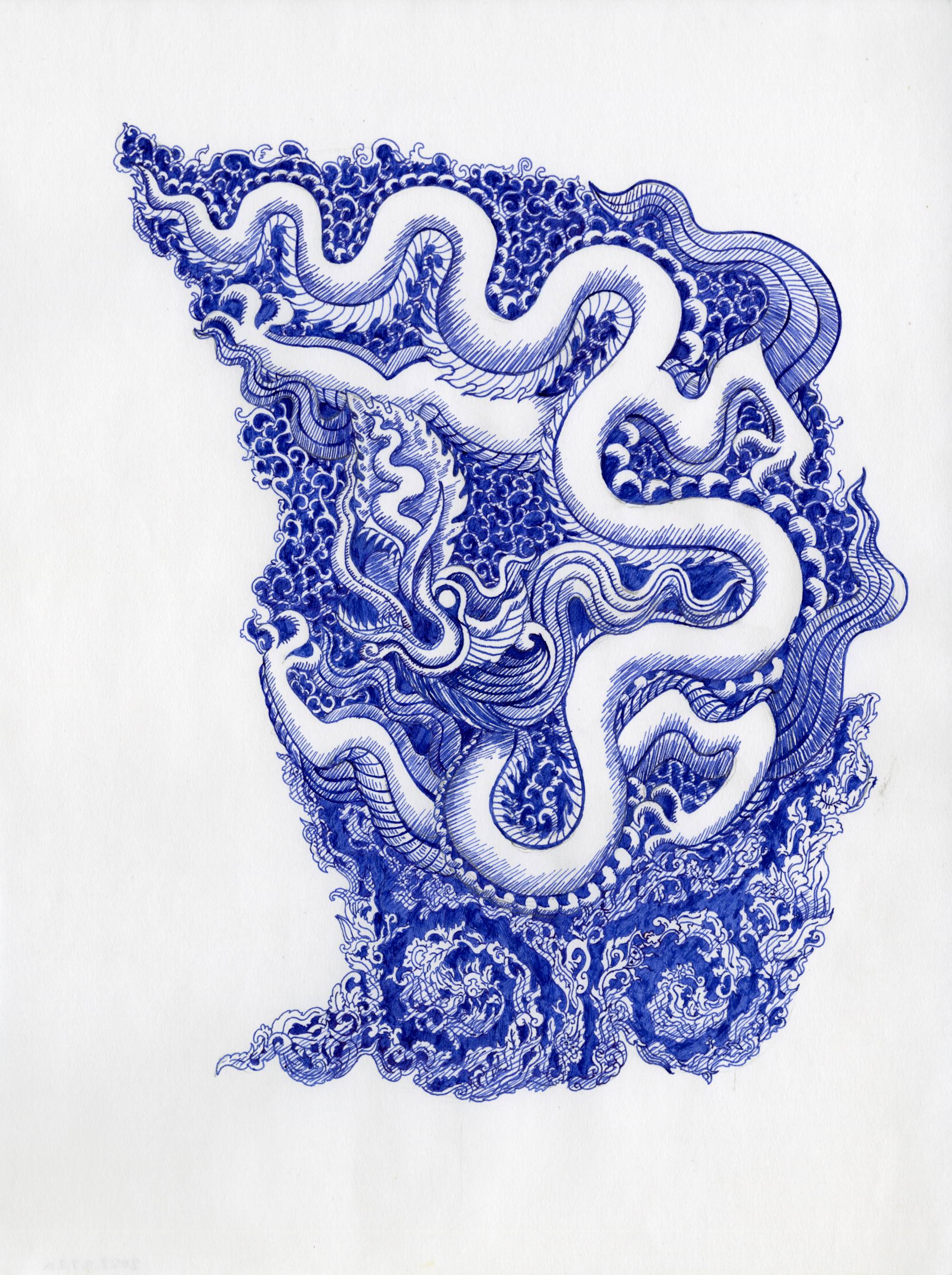 Fine line drawing in blue ink of a dragon. Click to browse more Asian mythology.